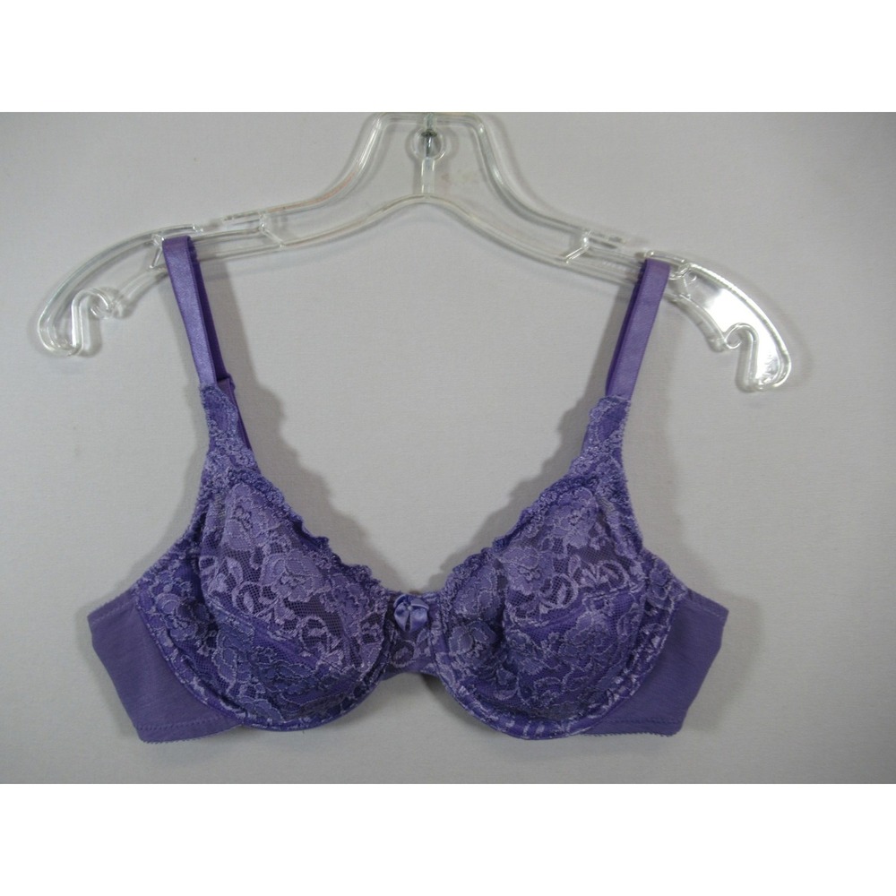 Vintage 90s Y2K Fashion Bug Unlined Lace Bra 36C Purple Underwire